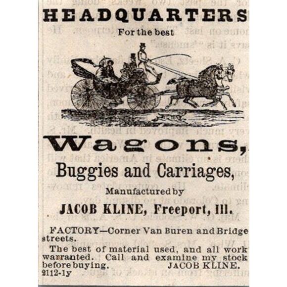 None and/or Unknown Other - Wagons Buggies & Carriages Jacob Kline 1876 Freeport IL Clipping SAJ2-S74